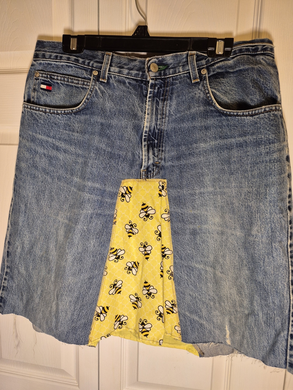 Upcycled Tommy Hilfiger Denim Skirt with Yellow Bee Panel - Waist 36
